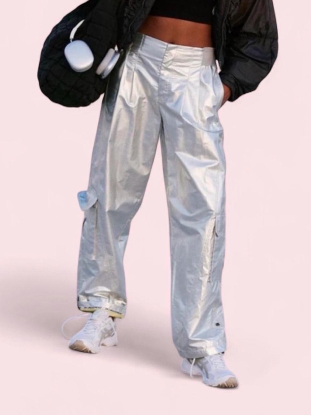 Free People Metallic Silver Cargo Pants